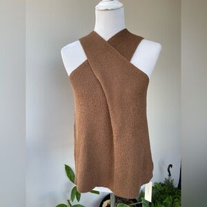 NWT Commense Textured Knit Cross Halter Neck Brown Sweater Top, US L